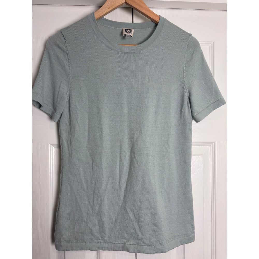 Anne Klein Women Sage Green 100% Wool Short Sleeve Crew Neck Sweater Size Small